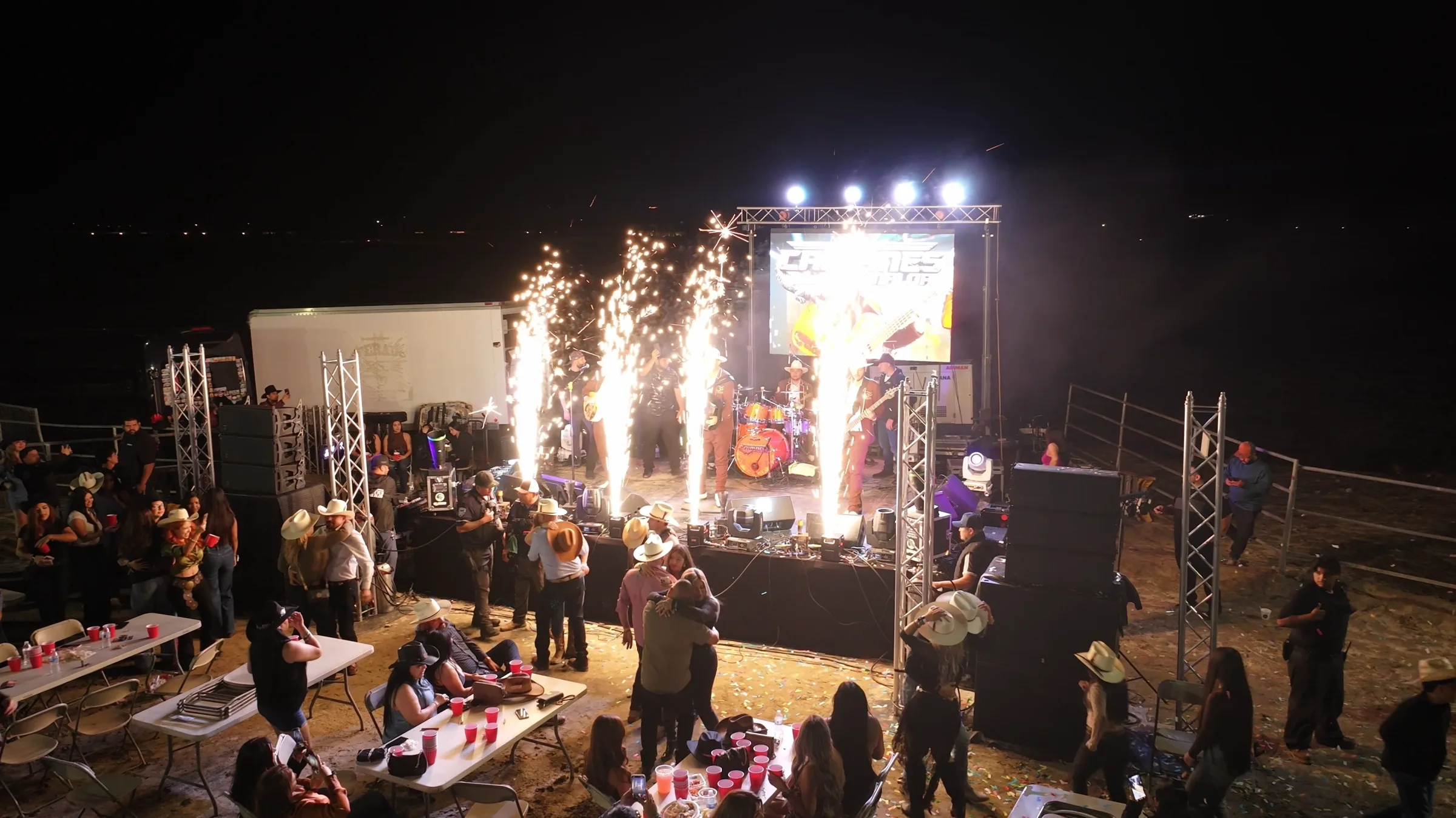 Live band performing beneath stage sparks at a jaripeo in Indio, California